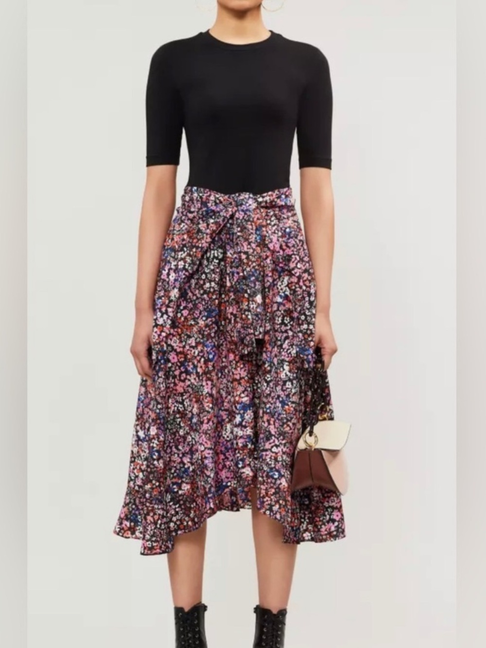 Maje Trompe L’Oeil Floral Faux Shirt Tie Midi Dress Black 38